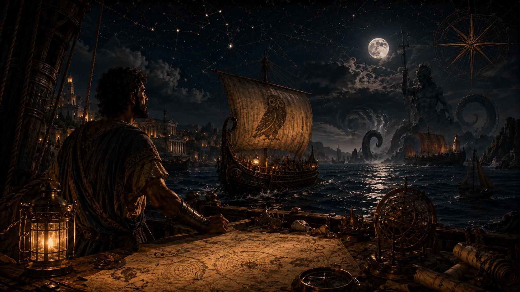 AncientSailor about page scene with moonlit harbor, old map, lantern, ancient ship, and mythic sea atmosphere