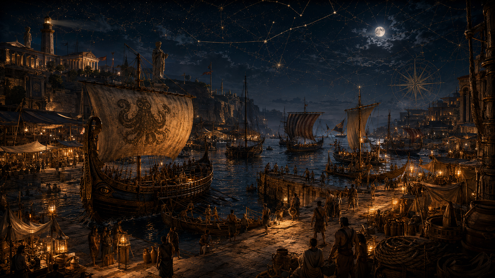 Ancient moonlit harbor with ships, lanterns, markets, docks, warehouses, and a lighthouse