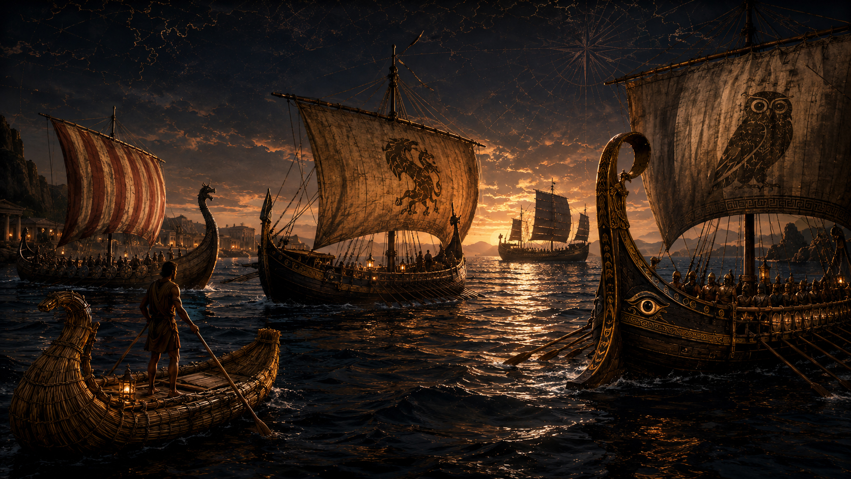 Ancient ships crossing a dark sea under bronze light