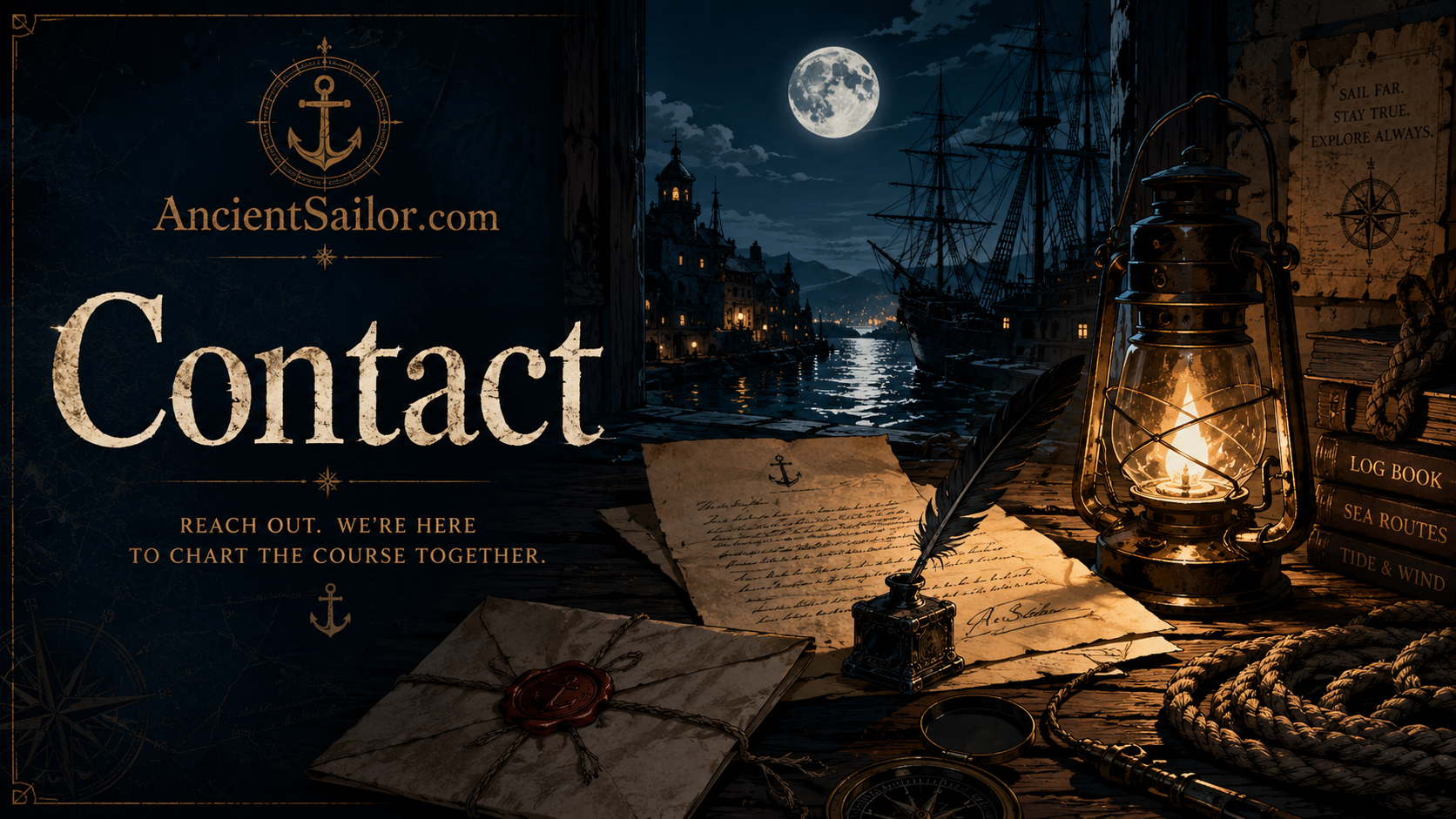 AncientSailor contact scene with harbor office, lanterns, letters, old maps, and moonlit sea