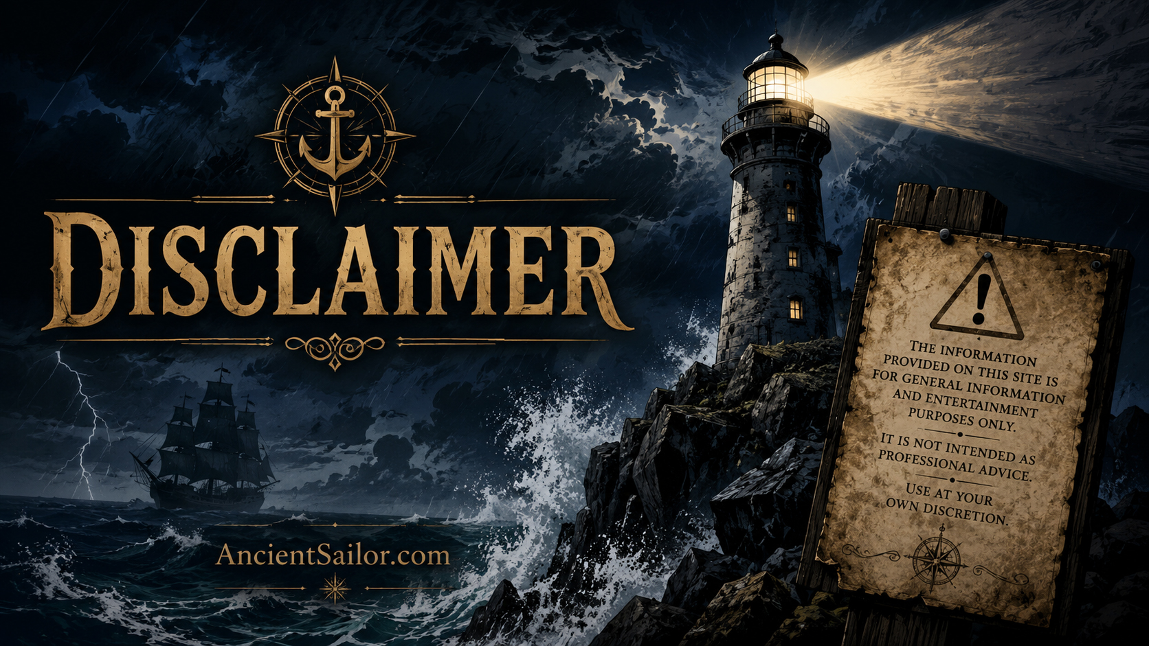 AncientSailor disclaimer scene with storm warning, lighthouse, and nautical caution papers