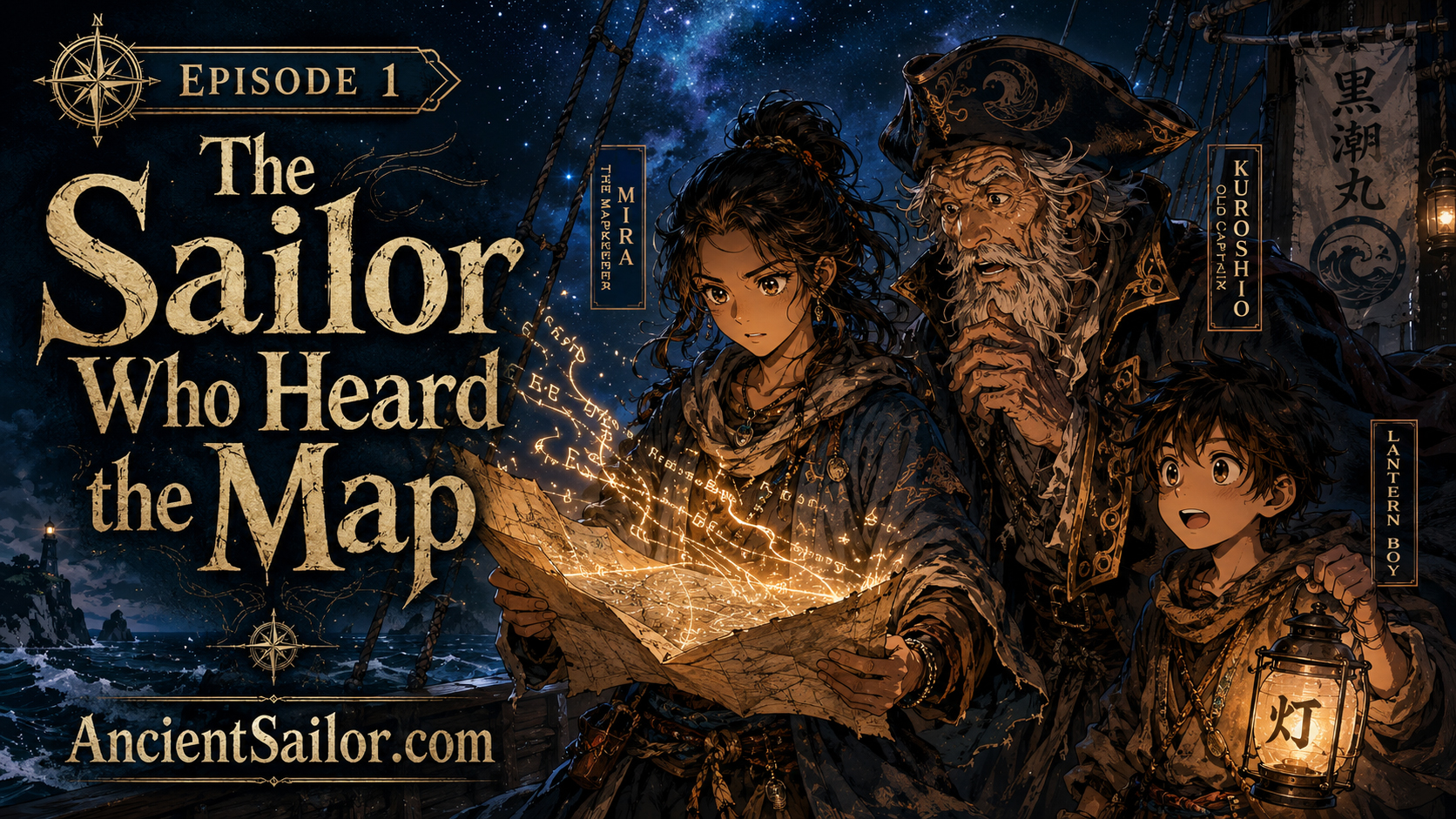 Mira the Mapkeeper holding a glowing ancient map while Captain Kuroshio and Lantern Boy look on