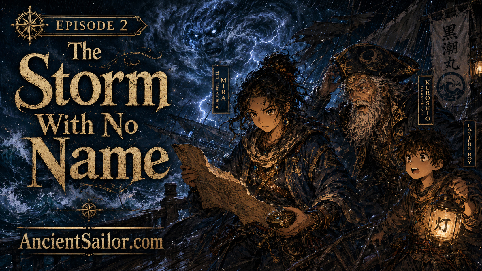 AncientSailor crew facing a nameless storm with lightning, rough sea, and a battered ship