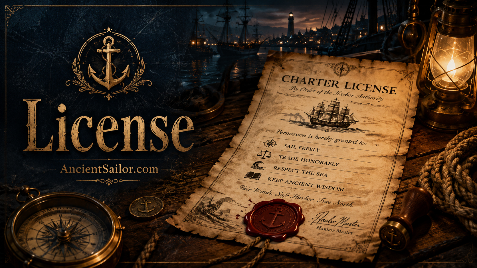 Nautical charter and privacy-related harbor documents under lantern light