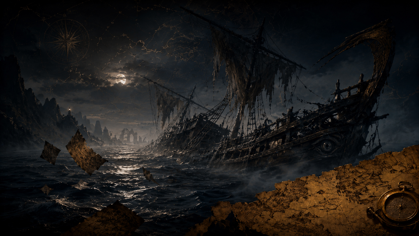 Lost voyage with fog, wreckage, torn maps, and ghostly ship