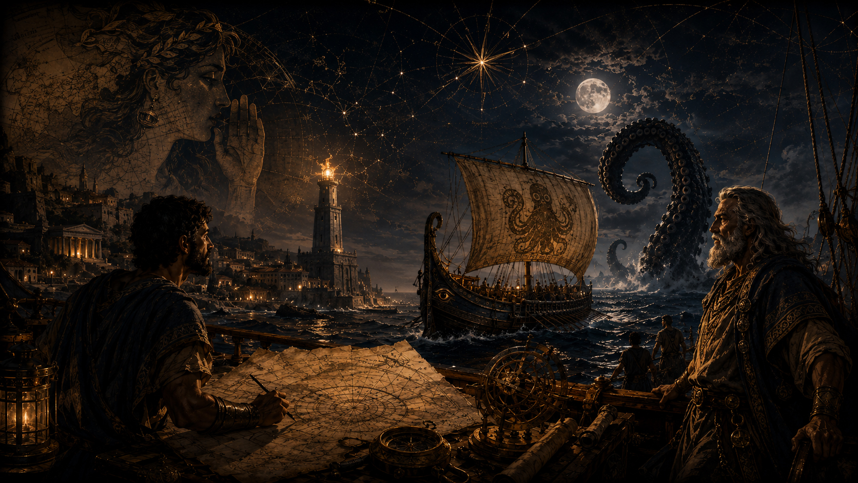 AncientSailor manga crew with ship, map, lantern, moon, and sea monsters