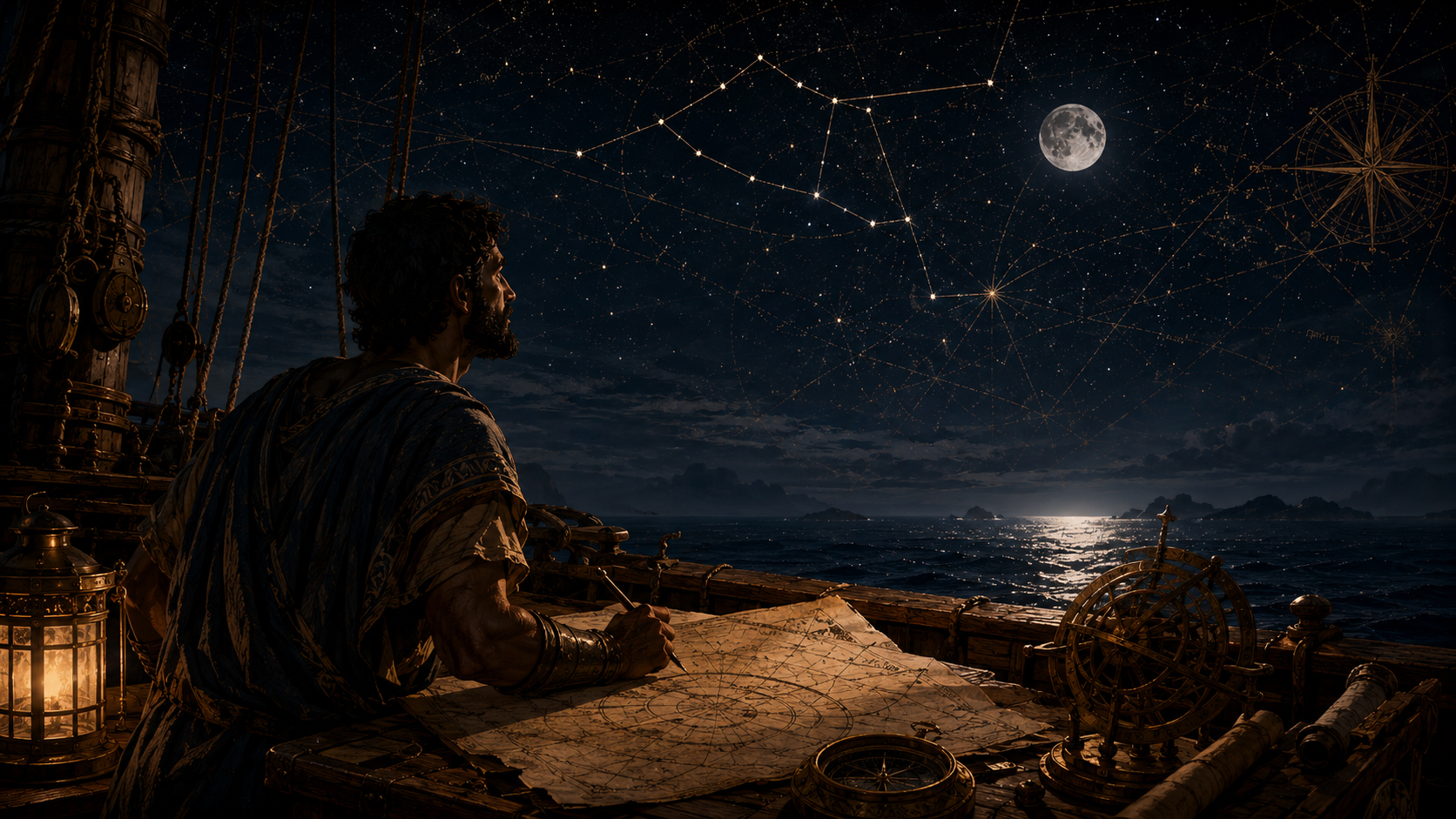 Ancient navigator reading stars from a ship deck