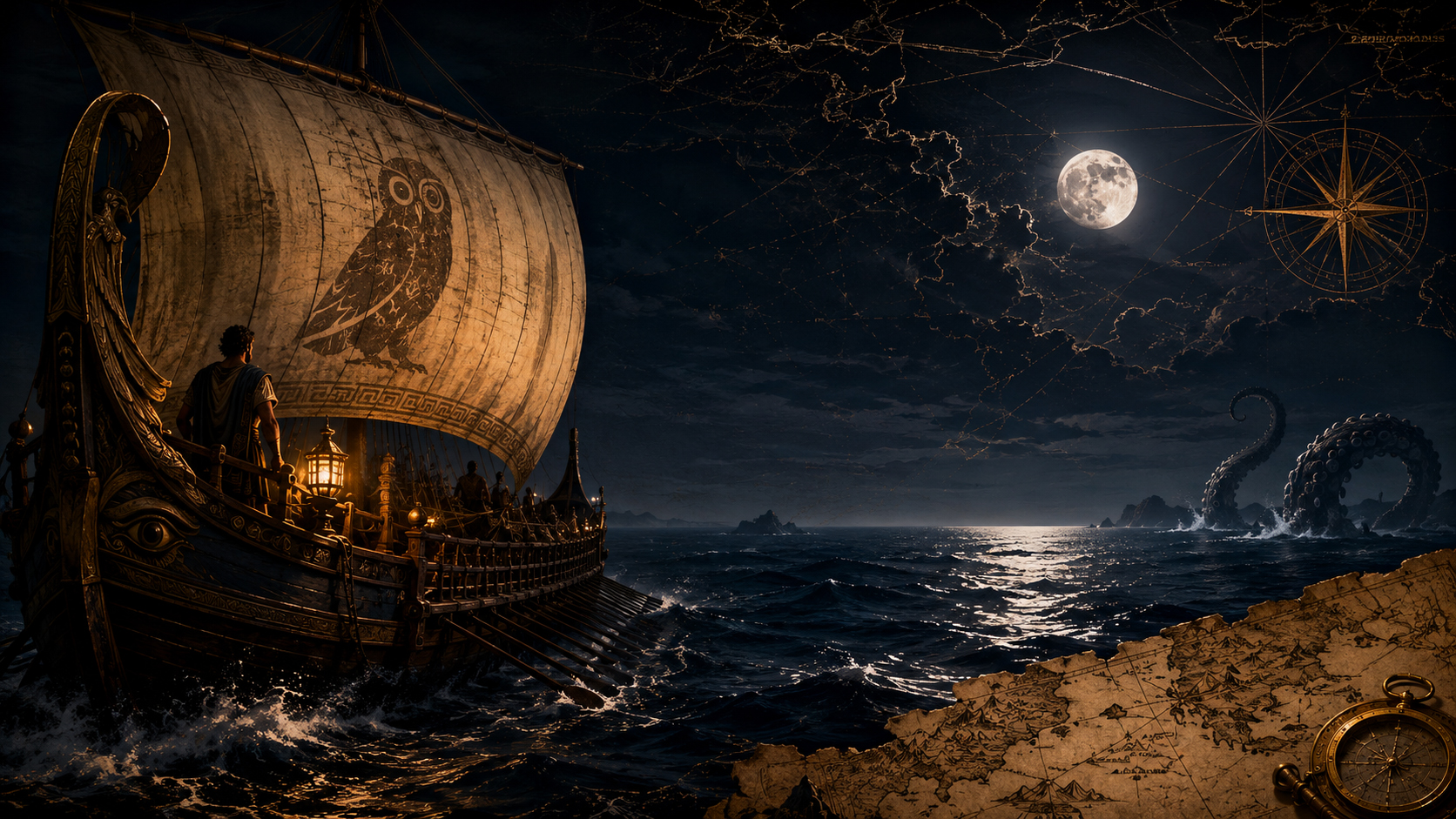 AncientSailor homepage hero ship, old map, moonlit sea, and mythic horizon