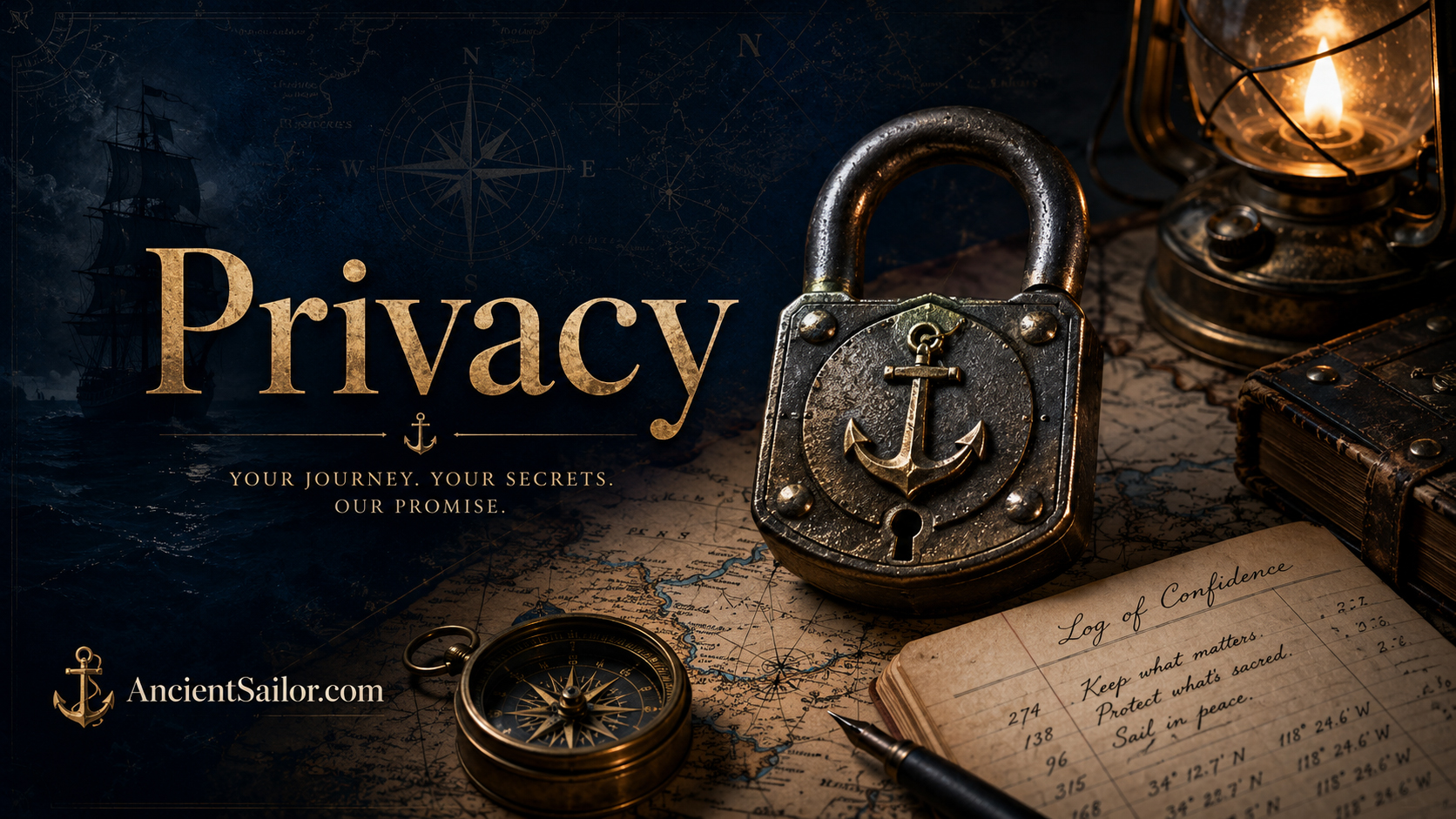 AncientSailor privacy scene with locked nautical chest, lantern, scrolls, maps, and quiet harbor office