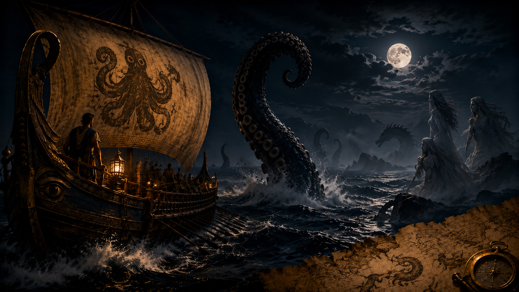 Kraken and mythic sea monsters around an ancient ship