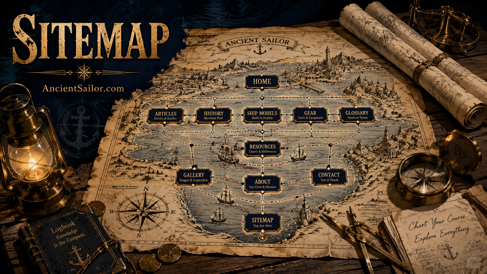 AncientSailor sitemap and nautical site chart on an antique desk