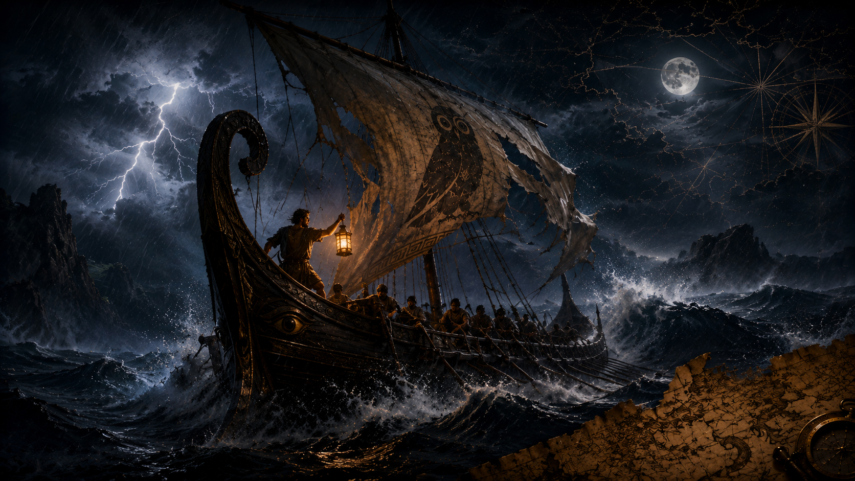 Ancient sailing ship in a violent storm under lightning